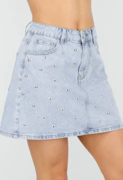 Lichtblauwe Denim Mini Rok met Studs en High Waist