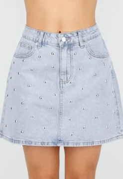 Lichtblauwe Denim Mini Rok met Studs en High Waist