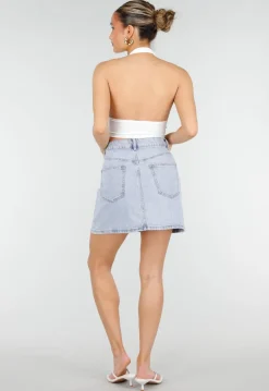Lichtblauwe Denim Mini Rok met Studs en High Waist