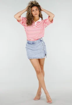 Lichtblauwe Denim Mini Skort met Overslag en Rij Knopen