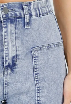 Lichtblauwe Denim Petite Wide Leg Jeans met Hoge Taille en Patch Details