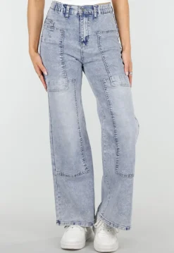 Lichtblauwe Denim Petite Wide Leg Jeans met Hoge Taille en Patch Details