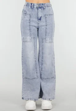 Lichtblauwe Denim Petite Wide Leg Jeans met Hoge Taille en Patch Details