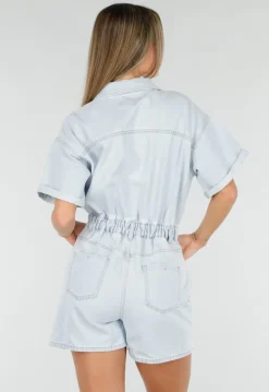 Lichtblauwe Denim Playsuit met Korte Mouwen