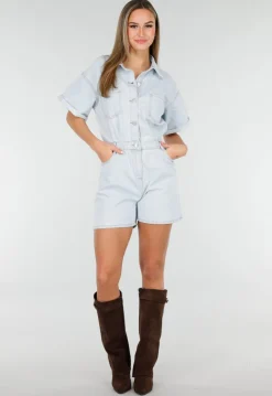 Lichtblauwe Denim Playsuit met Korte Mouwen