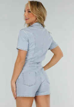 Lichtblauwe Denim Playsuit met Reverskraag en Knoopsluiting