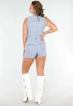 Lichtblauwe Denim Playsuit met Knopen en Korte broek