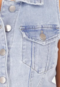Lichtblauwe Denim Playsuit met Knopen en Korte broek