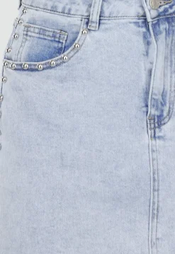 Lichtblauwe Denim Rok met Studs en Rechte Pasvorm en Steekzakken