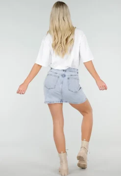 Lichtblauwe Denim Rok met Studs en Rechte Pasvorm en Steekzakken