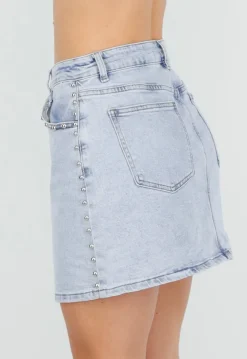 Lichtblauwe Denim Rok met Studs en Rechte Pasvorm en Steekzakken
