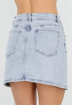Lichtblauwe Denim Rok met Studs en Rechte Pasvorm en Steekzakken
