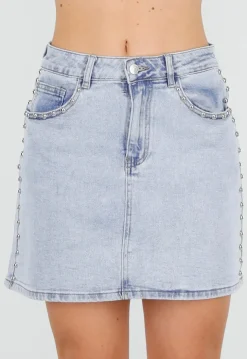 Lichtblauwe Denim Rok met Studs en Rechte Pasvorm en Steekzakken