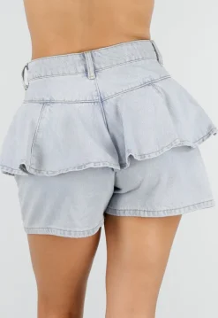 Lichtblauwe Denim Ruffle Shorts met Hoge Taille