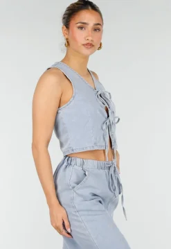 Lichtblauwe Denim Set met Gilet Top en Wijde Broek