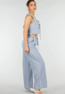 Lichtblauwe Denim Set met Gilet Top en Wijde Broek
