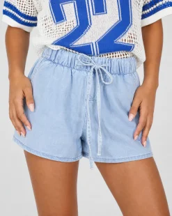 Lichtblauwe Denim Short met Elastische Taille en Striksluiting