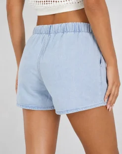 Lichtblauwe Denim Short met Elastische Taille en Striksluiting