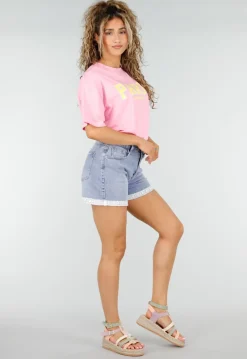 Lichtblauwe Denim Short met Gehaakte Omslag en Stretch
