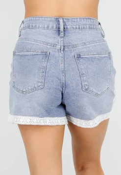 Lichtblauwe Denim Short met Gehaakte Omslag en Stretch