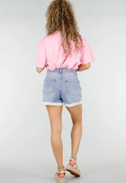 Lichtblauwe Denim Short met Gehaakte Omslag en Stretch