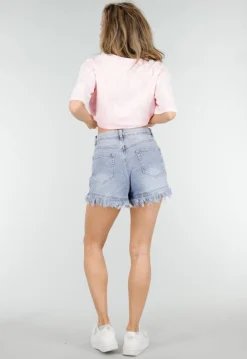 Lichtblauwe Denim Short met Rafelzoom en High Waist
