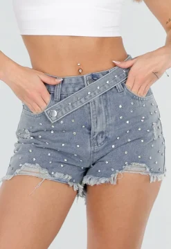 Lichtblauwe Denim Short met Strass Steentjes en Rafelzoom