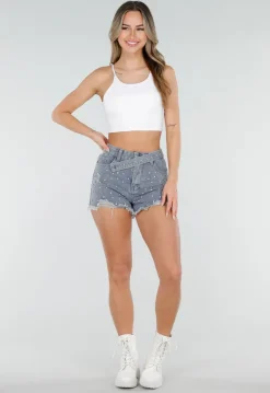 Lichtblauwe Denim Short met Strass Steentjes en Rafelzoom