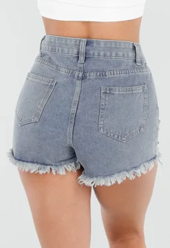 Lichtblauwe Denim Short met Strass Steentjes en Rafelzoom
