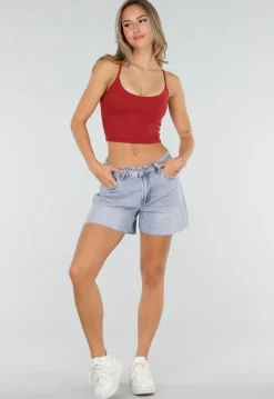 Lichtblauwe Denim Shorts met Gerafelde Zoom en Rechte Pasvorm