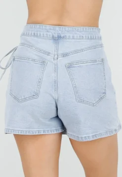 Lichtblauwe Denim Skort met Overslag, Striksluiting en Hoge Taille