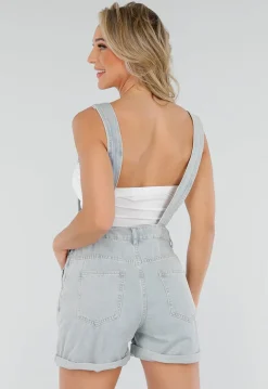 Lichtblauwe Denim Tuinbroek Playsuit met Zakken en Omslagzoom