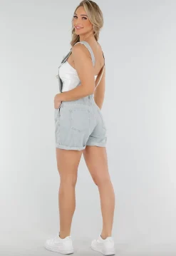Lichtblauwe Denim Tuinbroek Playsuit met Zakken en Omslagzoom