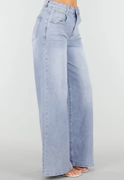 Lichtblauwe Denim Wide Leg Jeans met Hoge Taille