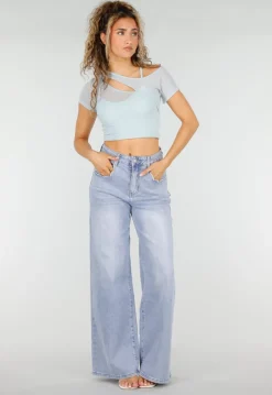 Lichtblauwe Denim Wide Leg Jeans met Hoge Taille