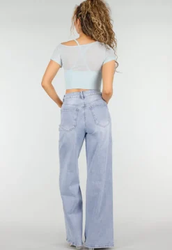 Lichtblauwe Denim Wide Leg Jeans met Hoge Taille