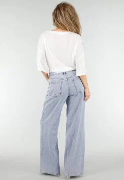 Lichtblauwe Denim Wide Leg Jeans met Studs en High Waist
