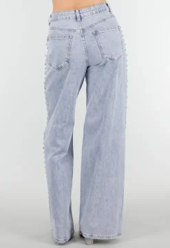 Lichtblauwe Denim Wide Leg Jeans met Studs en High Waist