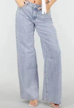 Lichtblauwe Denim Wide Leg Jeans met Studs en High Waist