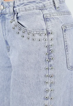 Lichtblauwe Denim Wide Leg Jeans met Studs en High Waist