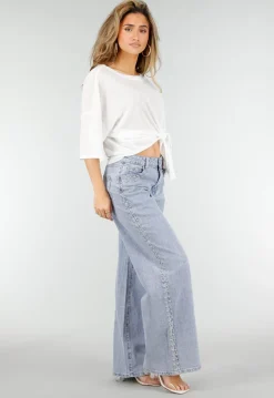 Lichtblauwe Denim Wide Leg Jeans met Studs en High Waist