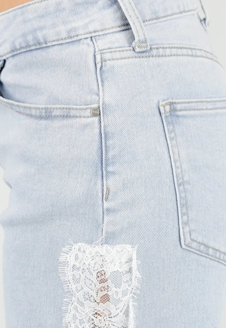 Lichtblauwe Denim Wide Leg Jeans met Kant en Stretch
