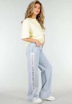 Lichtblauwe Denim Wide Leg Jeans met Kant en Stretch