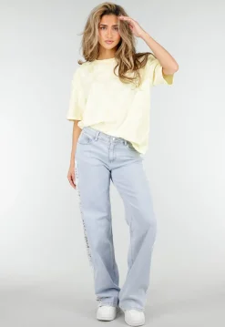 Lichtblauwe Denim Wide Leg Jeans met Kant en Stretch