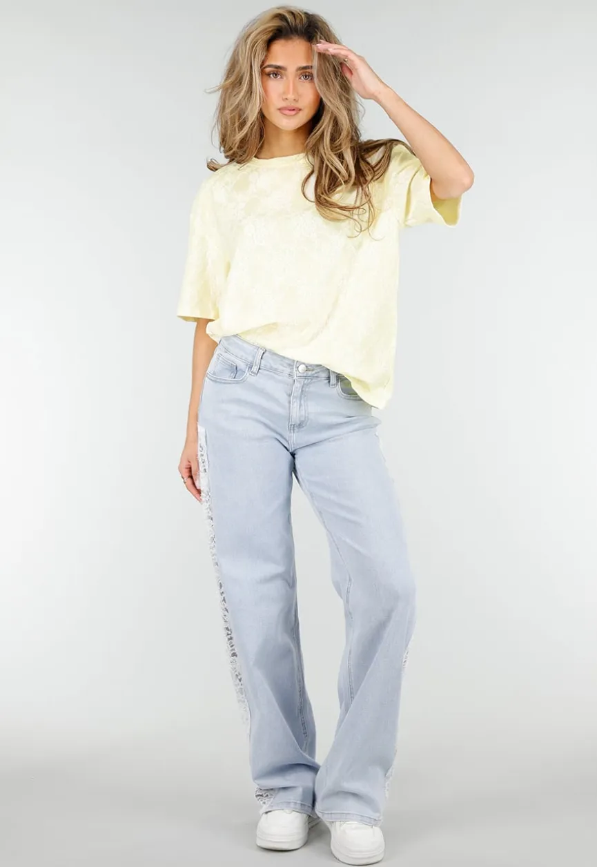 Lichtblauwe Denim Wide Leg Jeans met Kant en Stretch