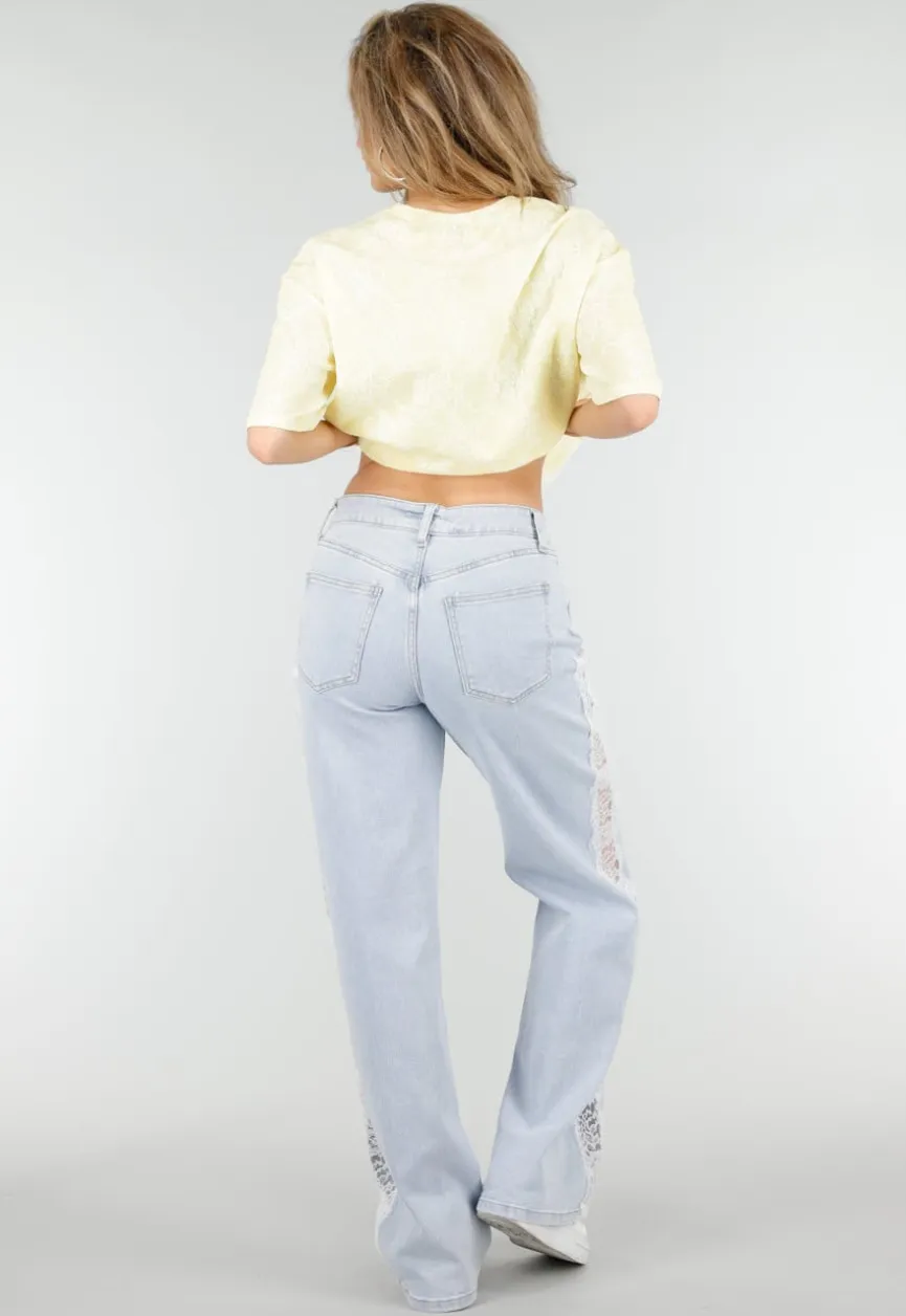 Lichtblauwe Denim Wide Leg Jeans met Kant en Stretch