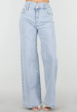 Lichtblauwe Denim Wide Leg Jeans met Hoge Taille