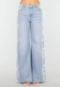 Lichtblauwe Denim Wide Leg Jeans met Kantdetail en Hoge Taille