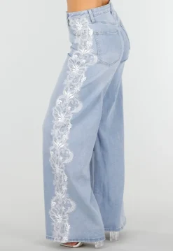 Lichtblauwe Denim Wide Leg Jeans met Kantdetail en Hoge Taille
