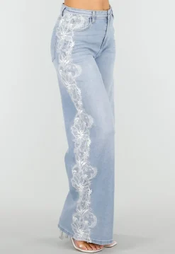 Lichtblauwe Denim Wide Leg Jeans met Kantdetail en Hoge Taille
